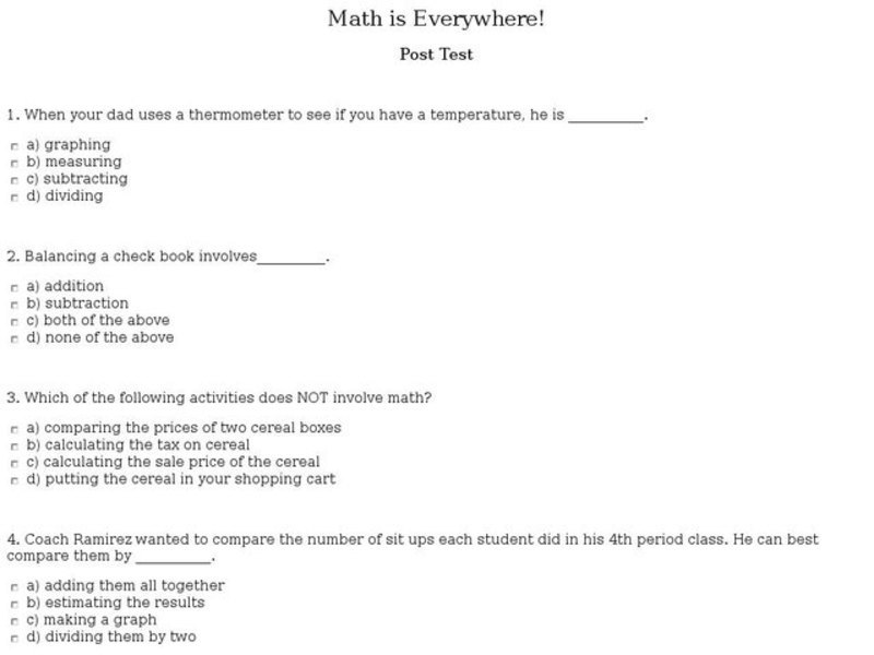 Math is Everywhere! Post Test Interactive