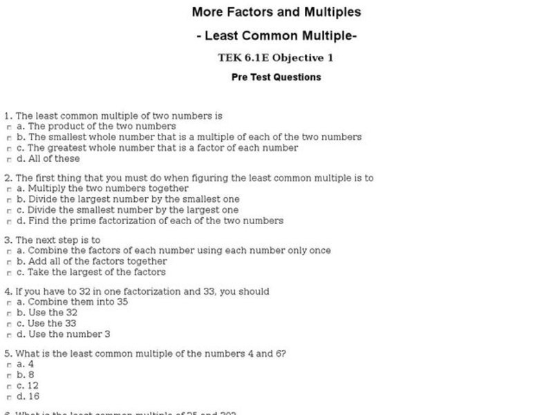 More Factors and Multiples Pre-Test Interactive