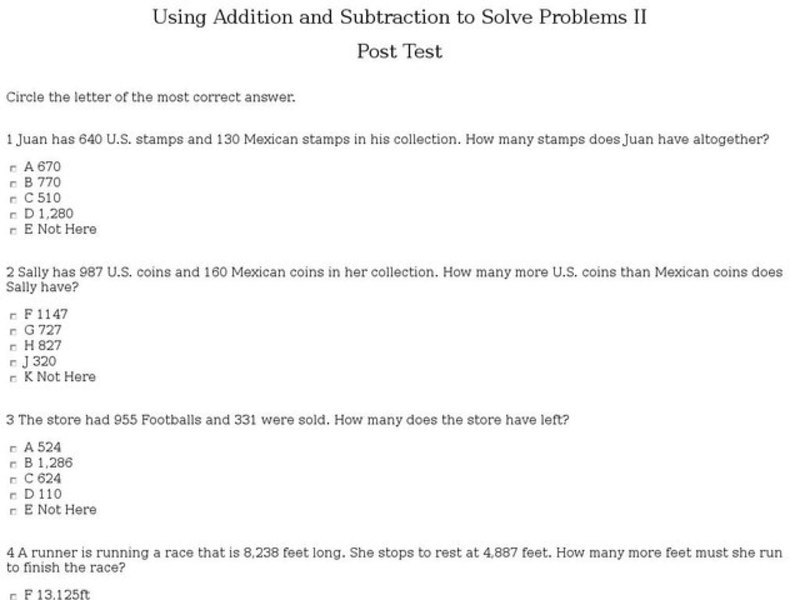 Using Addition and Subtraction to Solve Problems II: Post Test Interactive