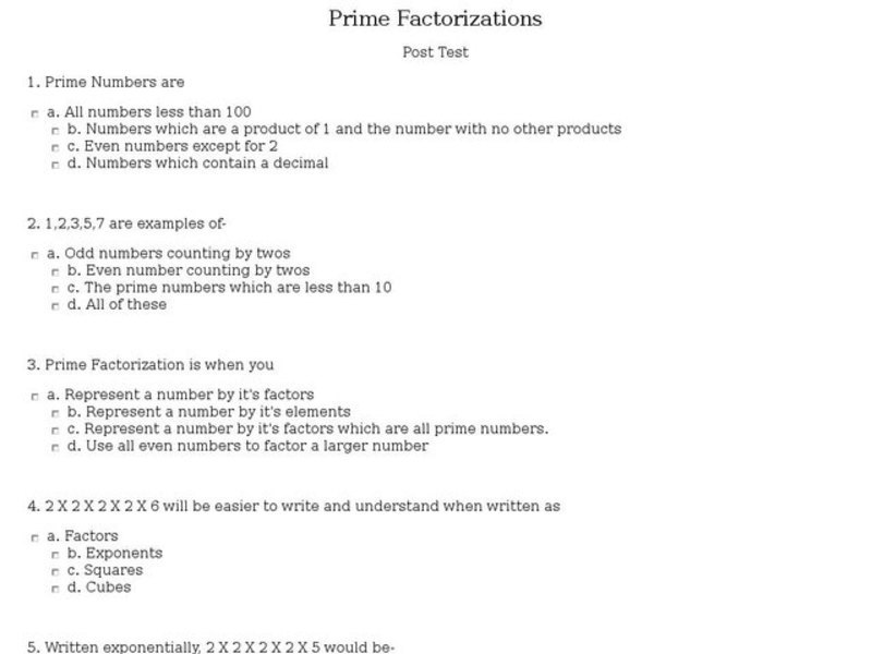 Prime Factorizations - Post Test Interactive
