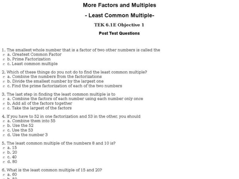 Least Common Multiple: Post Test Interactive
