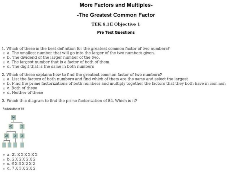 More Factors and Multiples: Greatest Common Factor: Pre Test Interactive