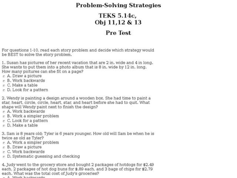 Problem Solving Strategies: Pre Test Worksheet