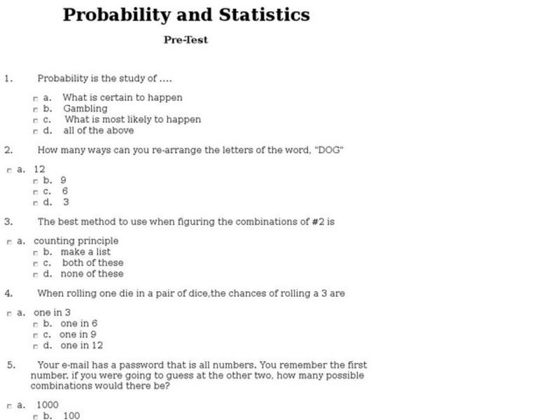 Probability and Statistics Pre-Test Interactive