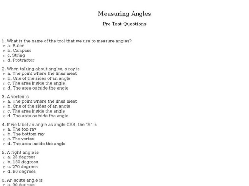 Measuring Angles - Pretest Questions Interactive