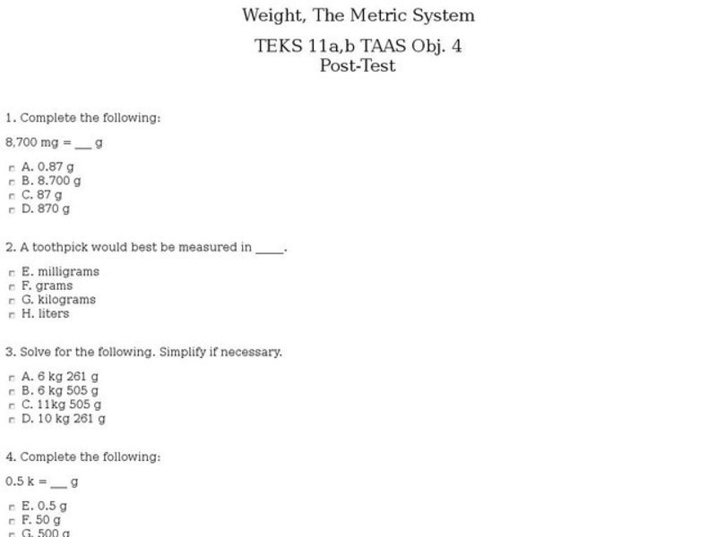 Weight, The Metric System Worksheet