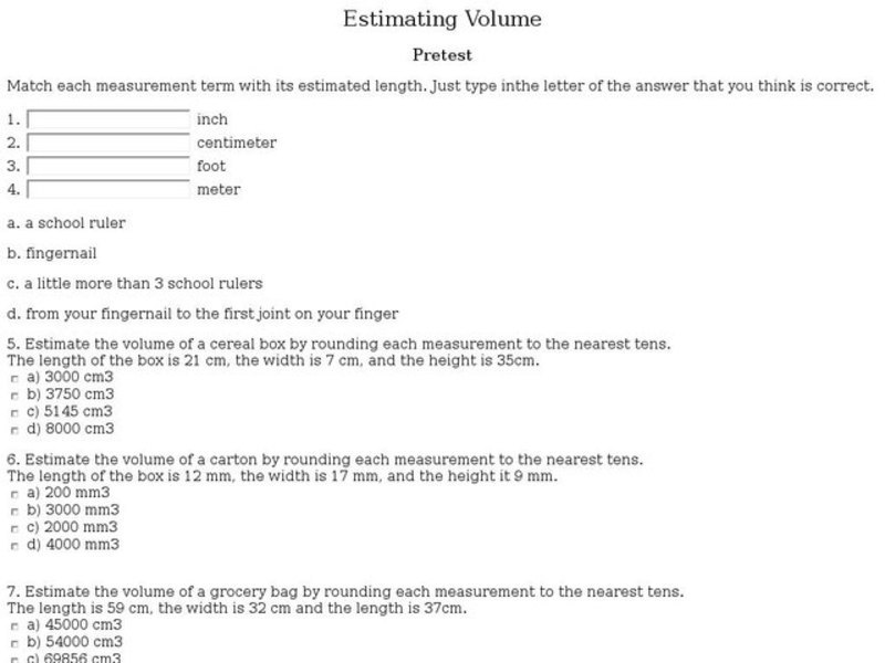 Estimating Volume Worksheet