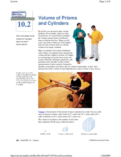Lesson 10.2 Volume of Prisms and Cylinders Lesson Plan