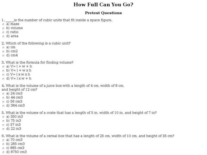 How Full Can You Go? Pretest Questions Interactive