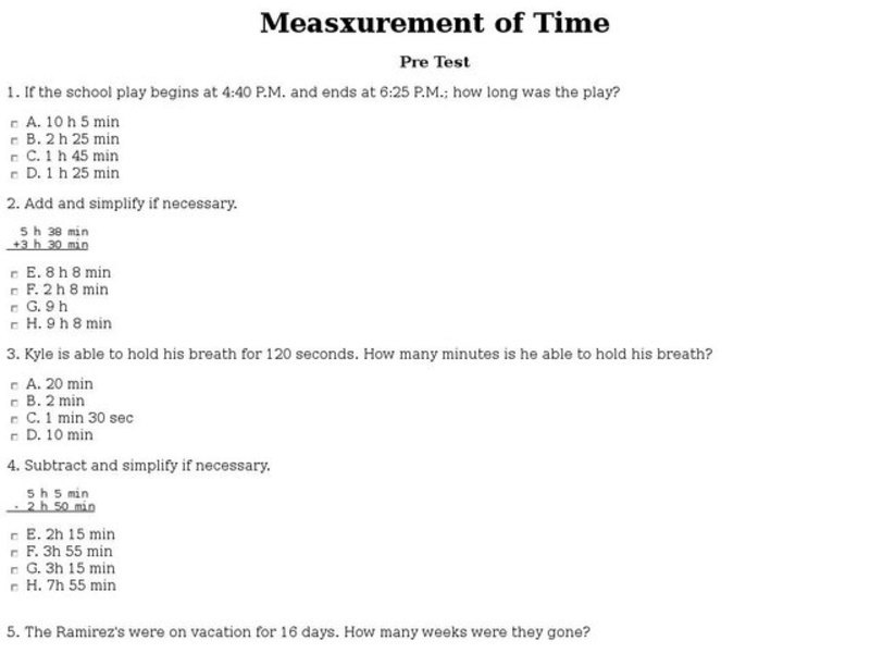 Measurement of Time: Pre Test Interactive