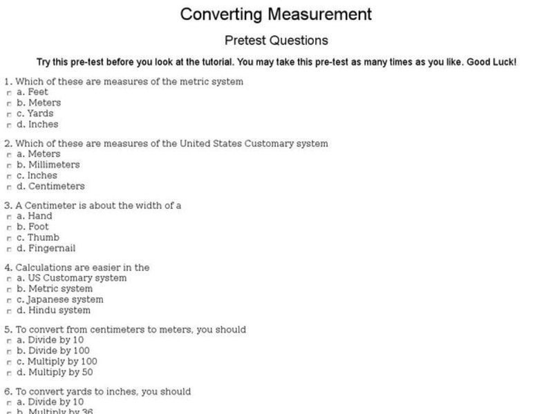 Converting Measurement Pretest Worksheet