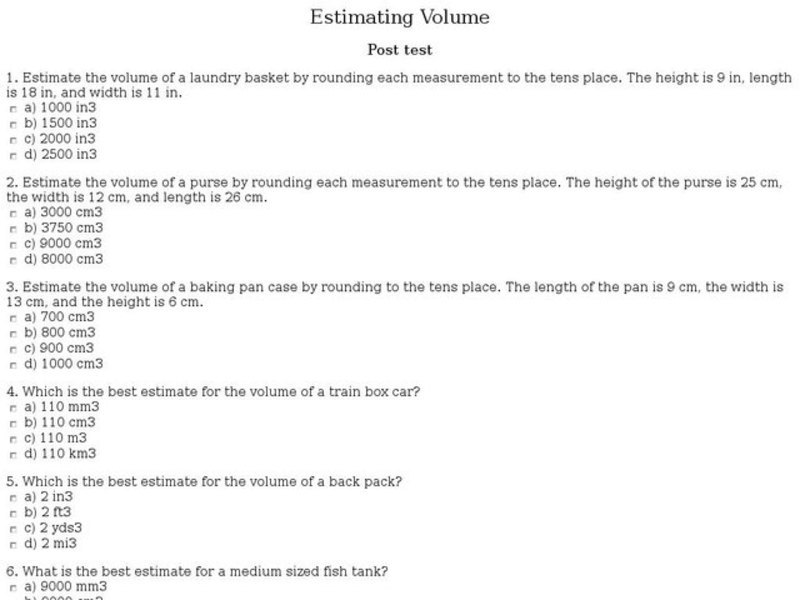 Estimating Volume: Post Test Interactive