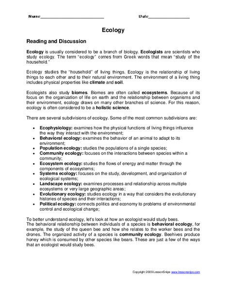 Ecology Worksheet