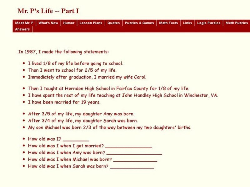 Mr. P's Life -- Part I Worksheet