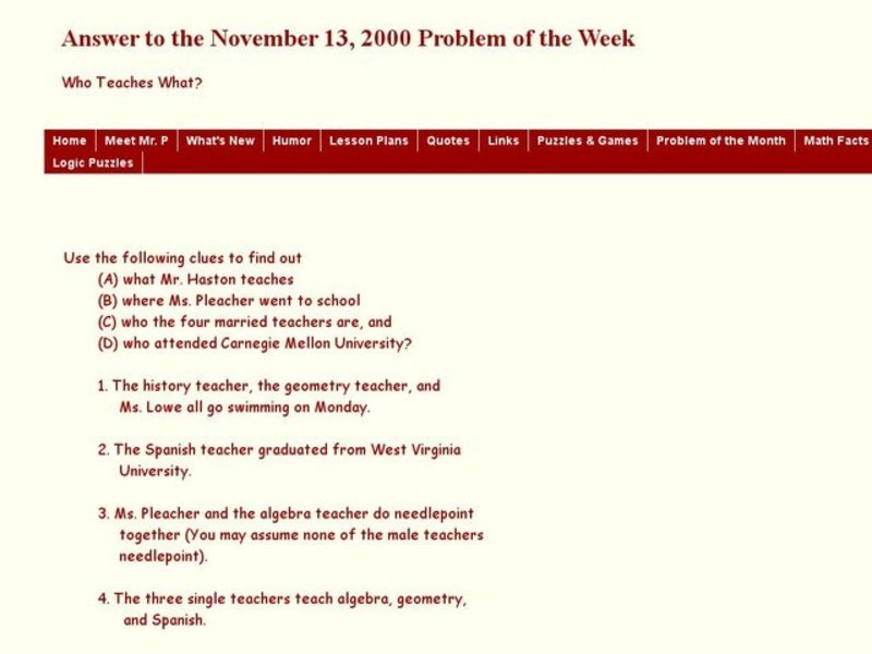 Logic Puzzle: Who Teaches What? Worksheet