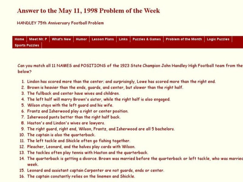Handley 75th Anniversary Football Problem Worksheet