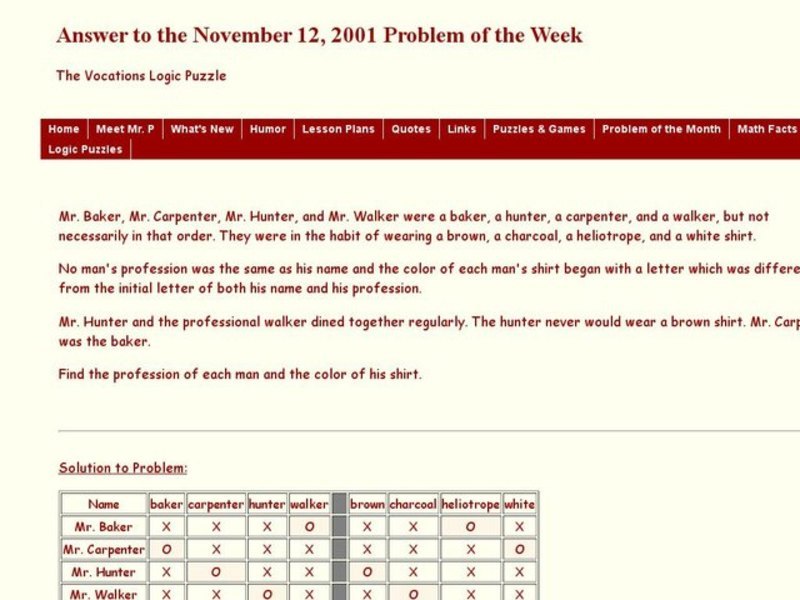 The Vocations Logic Pluzzle Worksheet