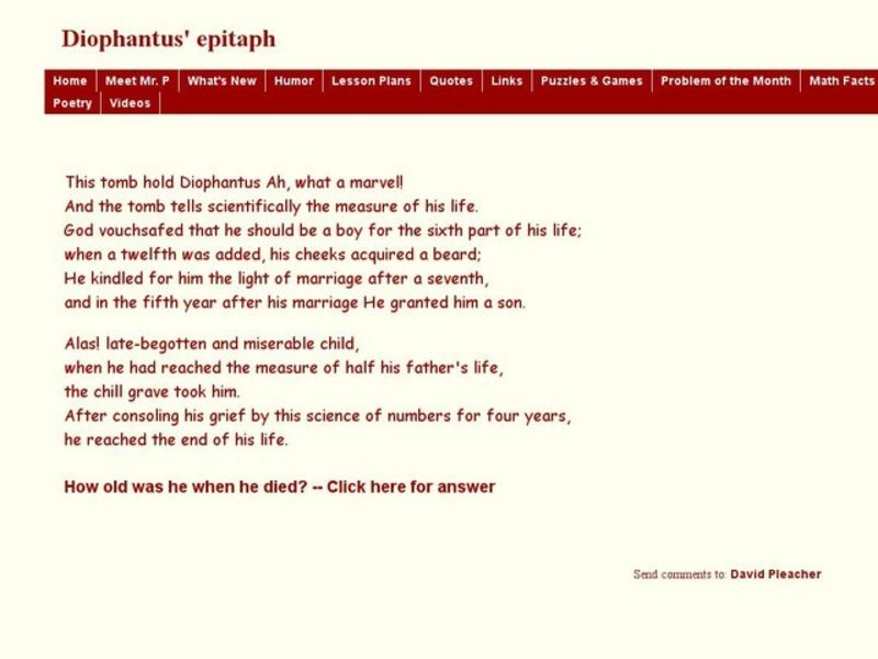 Diophantus' Epitaph Worksheet