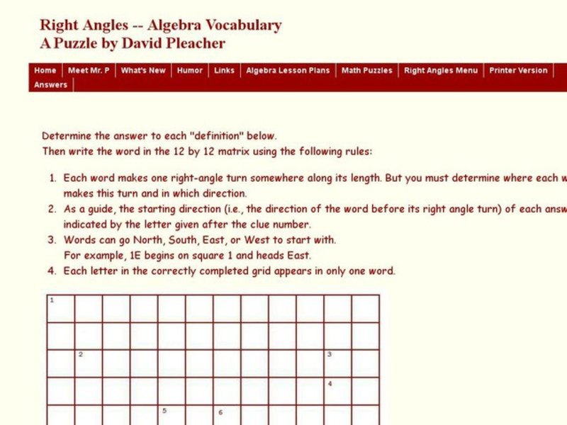 Right Angles--Algebra Vocabulary Worksheet