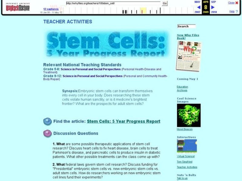Stem Cells: 5 Year Progress Report Lesson Plan