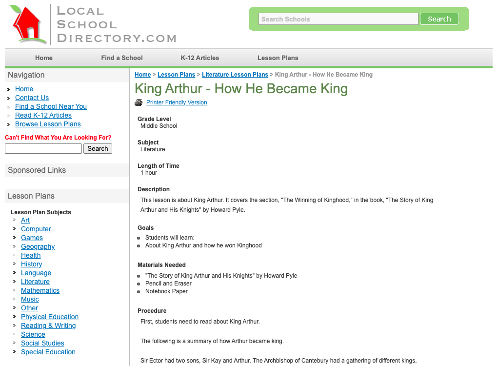 King Arthur - How He Became King Lesson Plan