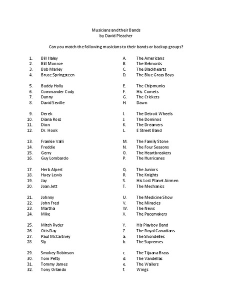 Musicians and Their Bands Worksheet