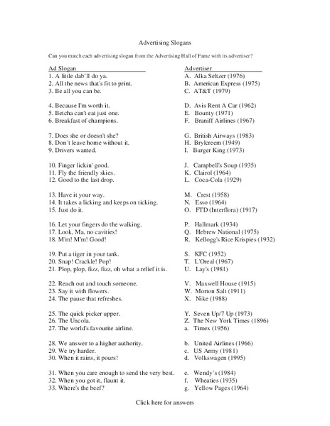 Advertising Slogans Worksheet