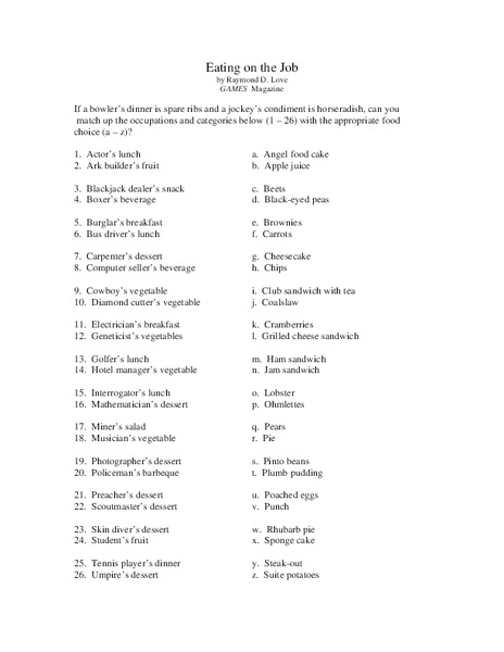 Eating on the Job Worksheet