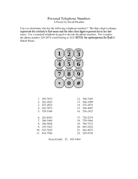Personal Telephone Numbers: Deciphering a Message Worksheet
