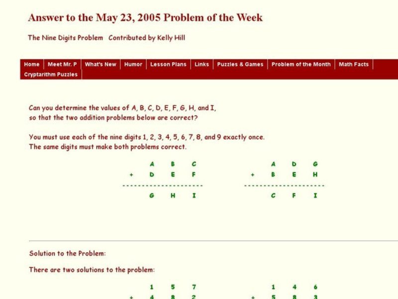 The Nine Digits Problem Worksheet