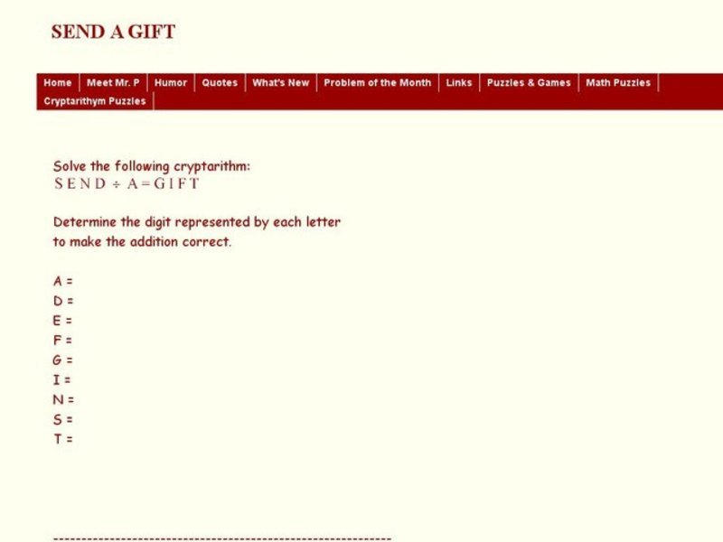 Send a Gift Cryptarithm Worksheet