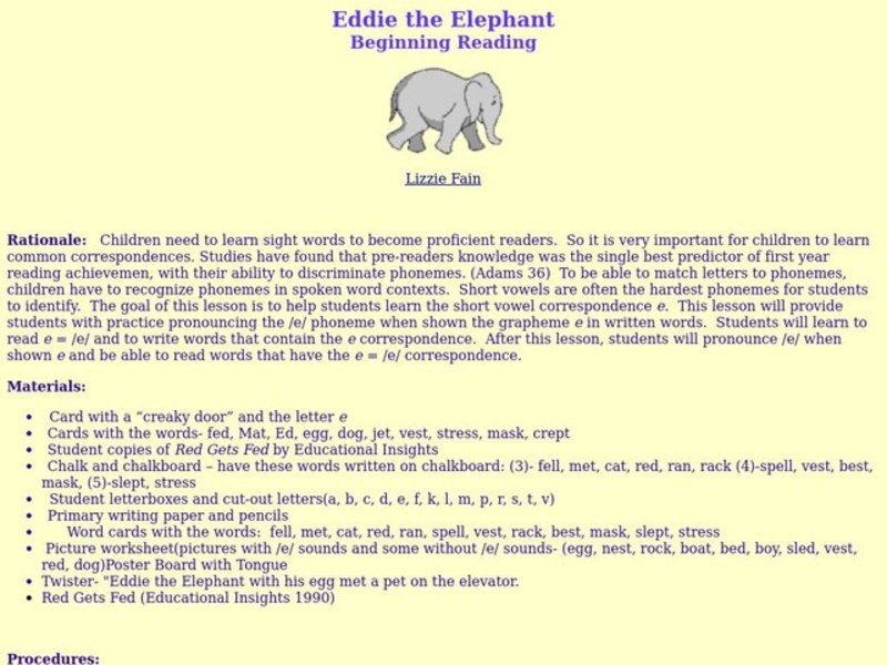 Eddie the Elephant Lesson Plan