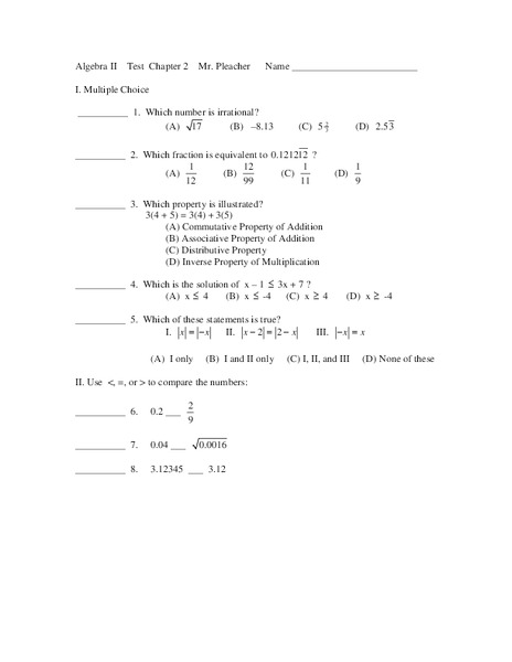Chapter 2 Test Worksheet