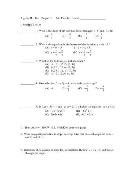 Algebra II Test Chapter 3:  Slope & Functions Worksheet