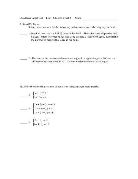 Academic Algebra 2 Test Worksheet