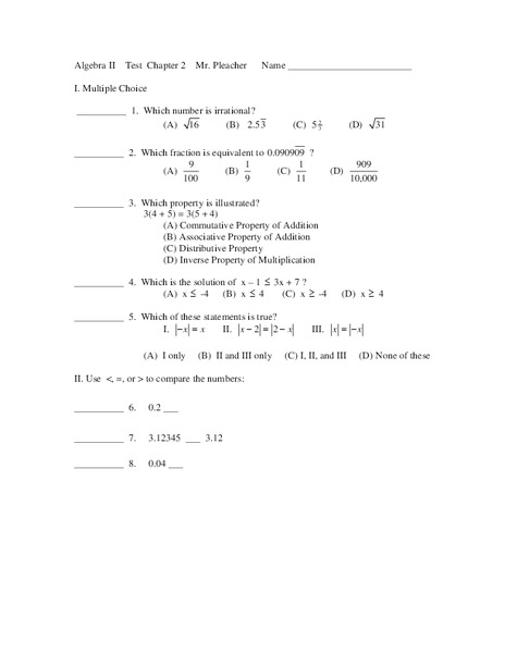 Algebra Test Worksheet
