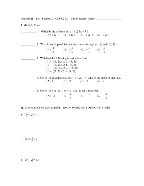 Algebra II Test Sections 2.4 Worksheet