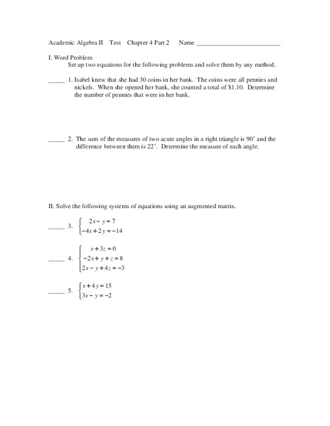 Academic Algebra II Test Chapter 4, Part 2 Worksheet