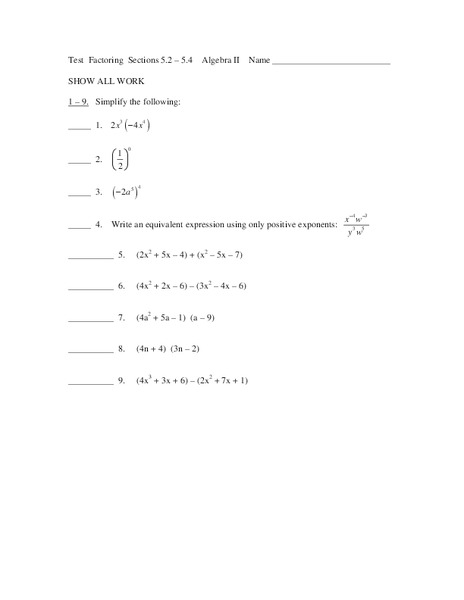 Test Factoring Sections 5.2 - 5.4 Worksheet
