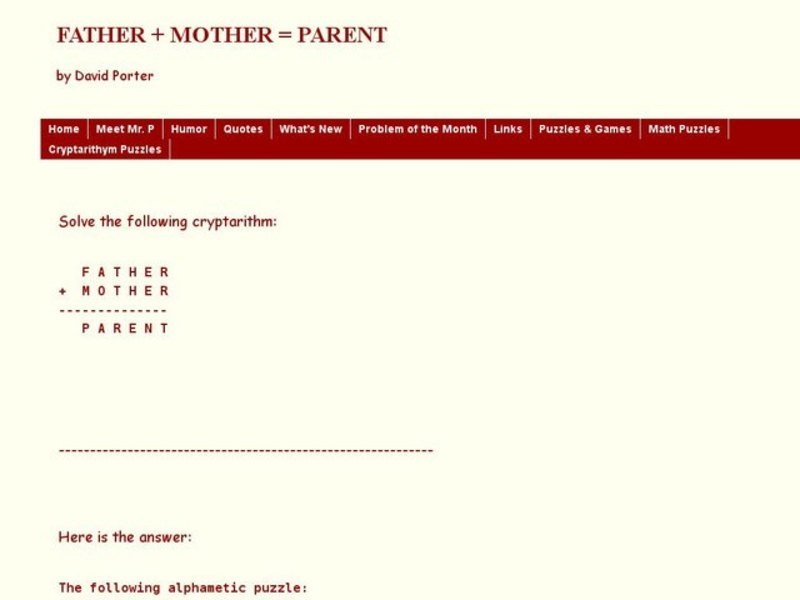 Father + Mother = Parent Worksheet