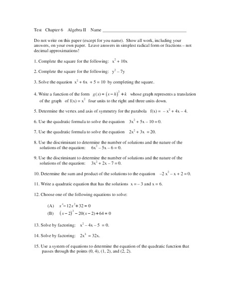 Test Chapter 6 - Algebra II: Quadratic Equations Worksheet