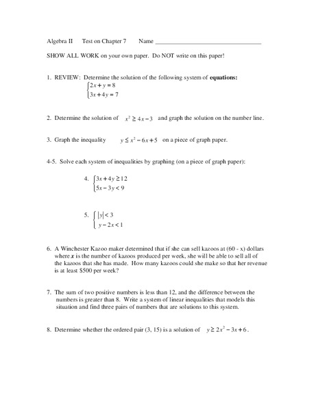Algebra II:  Chapter 7 Test - Systems of Equations Worksheet