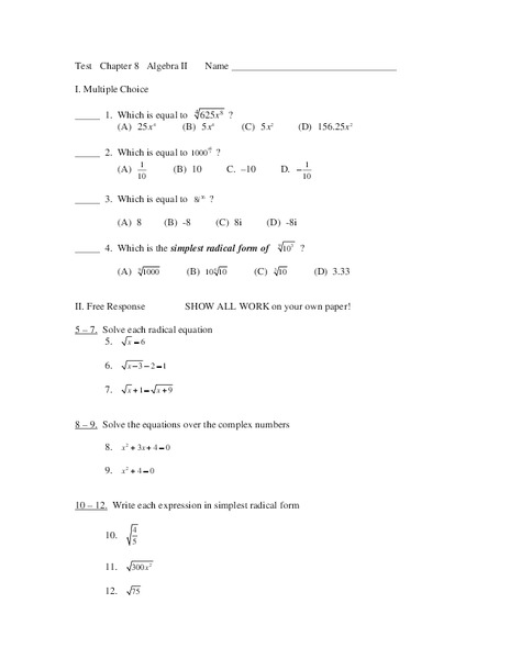 Algebra II Test covering Radicals, Complex Numbers, and Finding Roots of Quadratics Worksheet