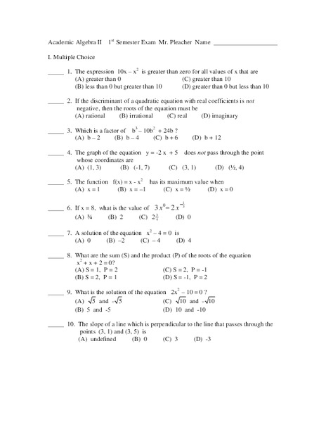 Academic Algebra II - 1st Semester Exam Worksheet