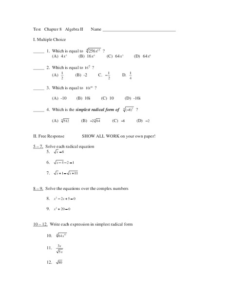 Test Chapter 8 Algebra II Worksheet