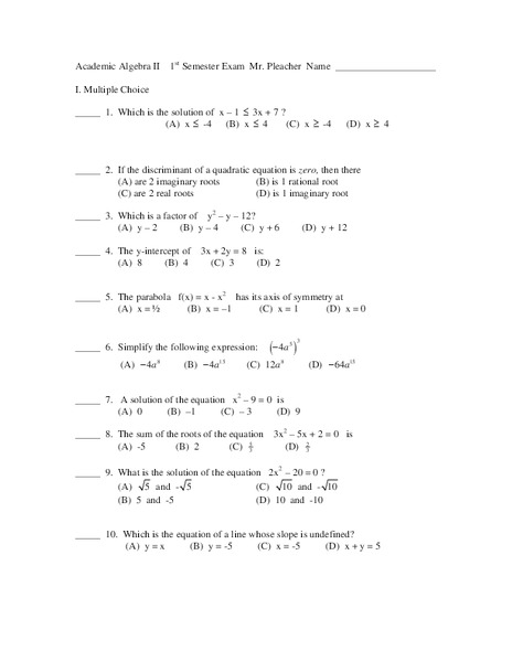 Academic Algebra II 1st Semester Exam Worksheet