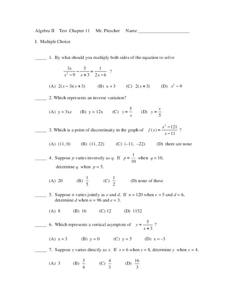 Algebra II Chapter 11 Test Worksheet