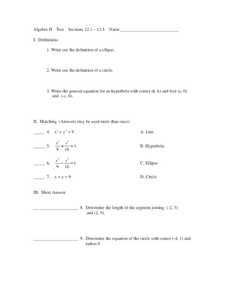 Conics and Graphing Worksheet