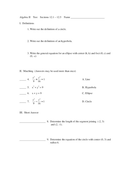 Algebra II Test Worksheet
