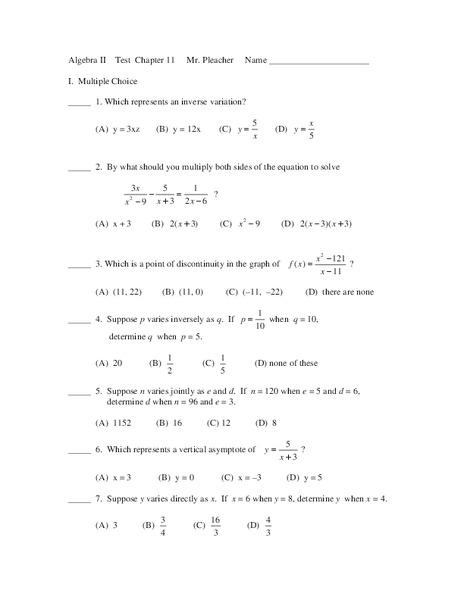  Rational Expressions/Equations Test Worksheet